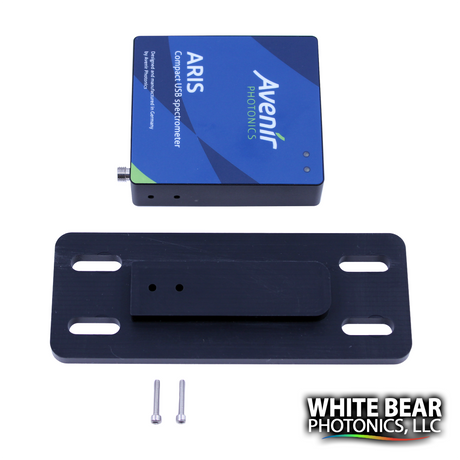 Avenir Photonics ARIS spectrometer with mounting plate and screws on a white background